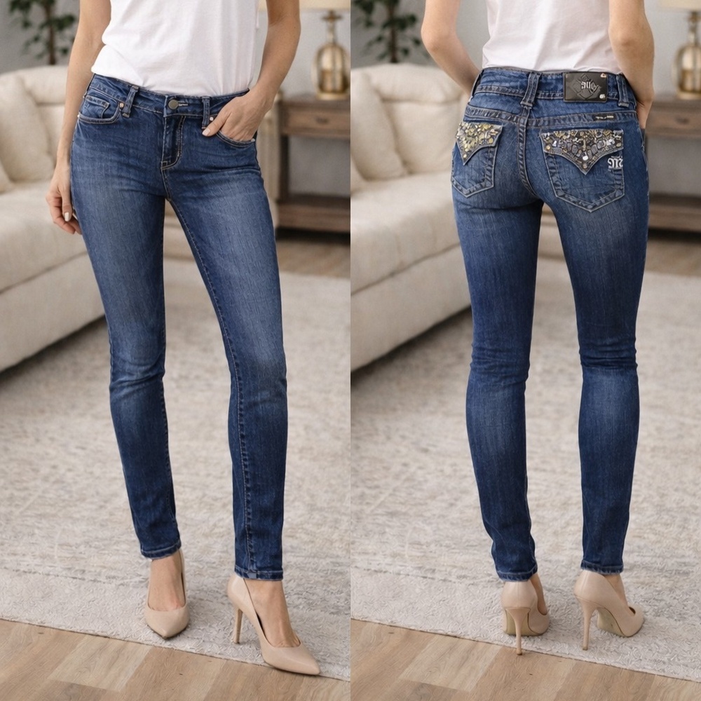 Miss Me JP4656-2SK Skinny Jeans Dark Wash Embellished Flap Pocket Blue Denim 28